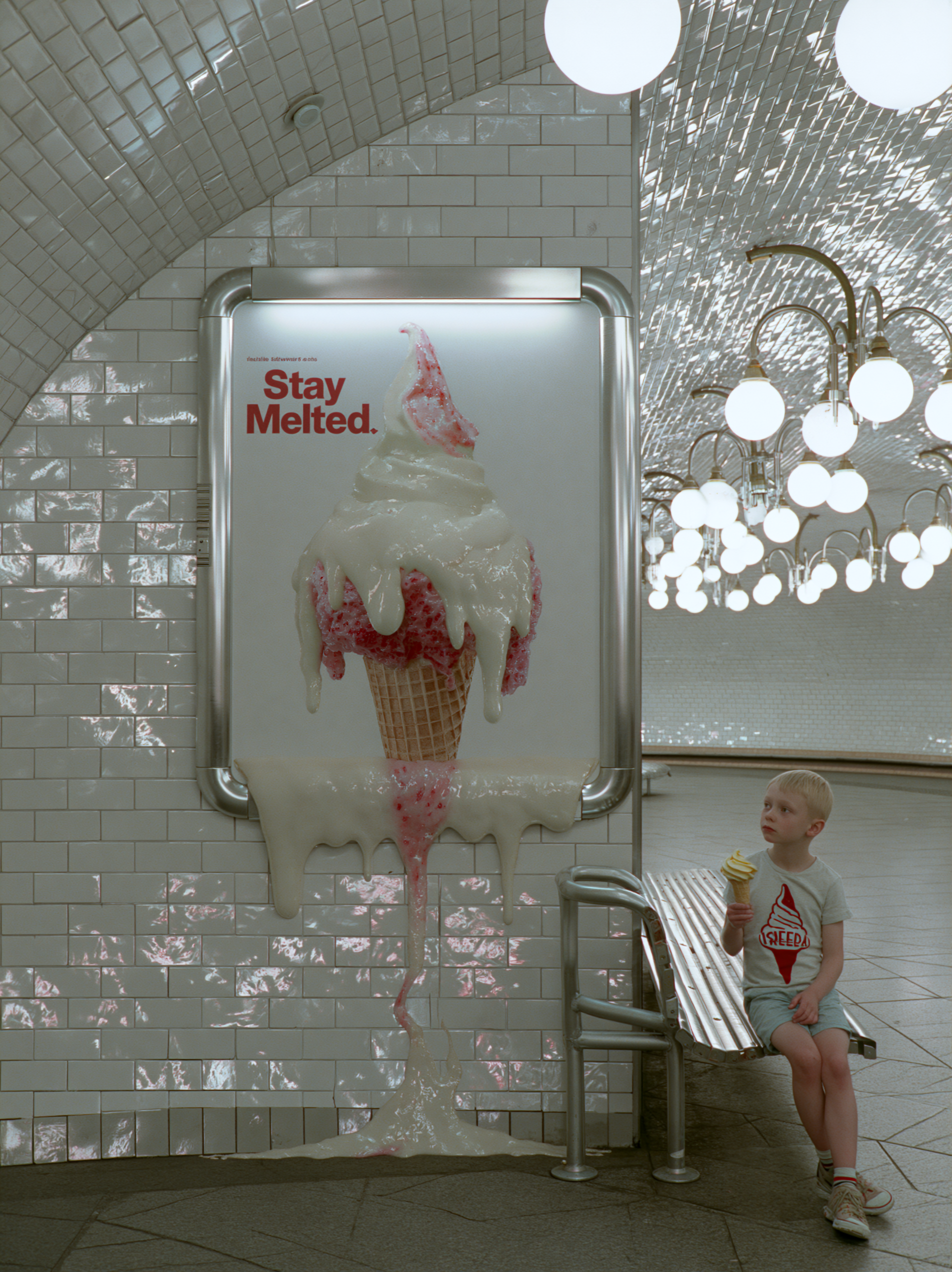 Realistic frontal street photo inside a subway station with a deeply curved barrel vaulted ceiling like Paris Metro's Cité station. Ceiling and walls covered in glossy, light reflecting ceramic tiles. Rows of elegant spherical pendant lights cast bright, warm ambient light. Centered: a sleek silver aluminum poster frame on the curved tiled wall displaying a soft serve ice cream ad - a vanilla strawberry swirled cone illustration with text "Stay Melted." The illustrated cone sags, with thick, creamy, opaque vanilla and strawberry streams dripping past the frame and oozing down the glossy tiled wall. Beside the billboard, a silver metal bench holds a little boy in a t shirt printed with the same ice cream logo, holding a fresh, perfectly shaped, non melting real soft serve cone, gazing sideways at the poster with curiosity. Raw style, 8K, sharp focus on the contrast between the gooey melting wall graphic and the crisp real cone against bright glossy tiles.
