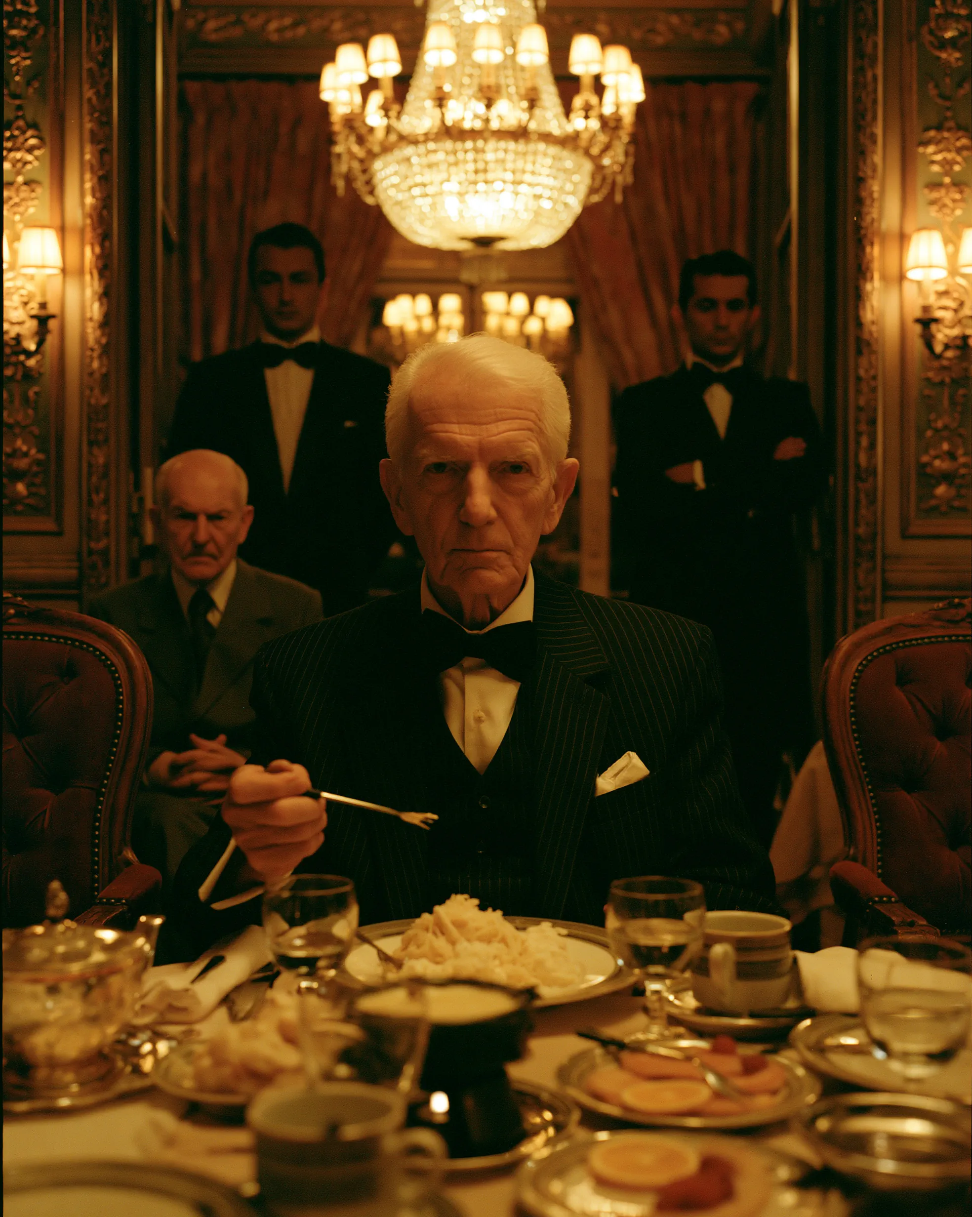 An aging french mob boss sitting alone at a grand restaurant table eating fondue, two stone-faced bodyguards standing behind him, expensive suit, calm menacing expression, warm golden restaurant lighting, shot on 35mm Kodak Portra 400, heavy grain, 1980s France, photorealistic, cinematic