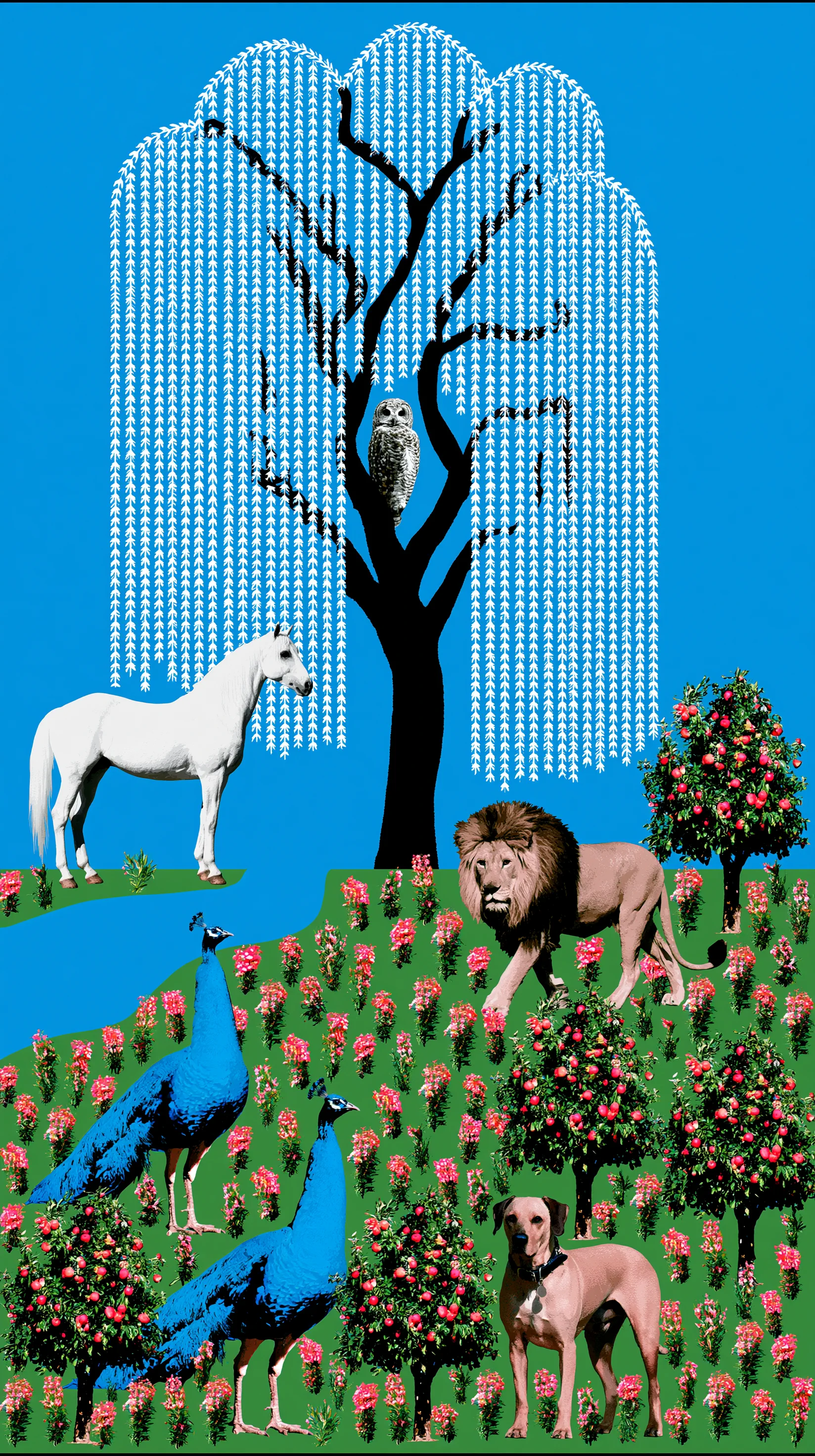 Blue background, photorealistic photograph of an intricate, flattened perspective artwork reminiscent of a decorative textile, showcasing a lively ecosystem. a white horse is positioned to the left of a blue river. two peacocks, one standing and one , are in the lower left. an owl sits within the branches of a large weeping willow tree. a lion is walking towards the center from the right, and a dog with a collar stands in the lower right. the scene is abundant with fruit trees and numerous small, blooming plants against a green ground
