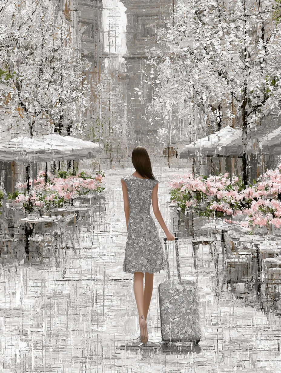 whimsical Paris fashion girl walking with elegant floral luggage through charming Paris streets filled with flowers and cafés, expressive rosy cheeks, couture floral dress, sketchy watercolor and ink illustration, romantic Paris atmosphere, premium commercial clipart, white background