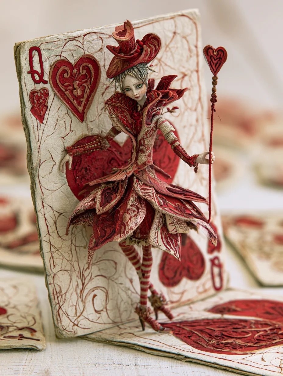 sculpted miniature queen of hearts child doll steps out of a playing card