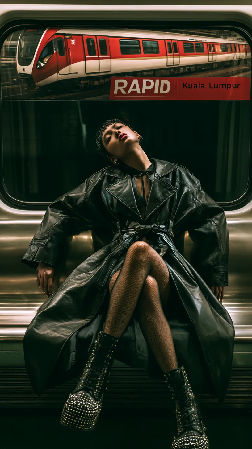 This is a coloured photograph with a cinematic and edgy art style, capturing an expressive and bold composition. The scene shows a woman in a leather coat and stockings, striking a relaxed pose on a subway seat facing the camera with her legs wide open. Her head leans back, her eyes closed, exuding confidence. She wears studded boots, adding a punk flair. Above her, a poster with red and white coloured subway train and the word "RAPID Kuala Lumpur" creates contrast. The subway’s metallic interior and window reflections enhance the urban setting. The image conveys a blend of sophistication and rebellion, typically characteristic of modern, artistic street photography.