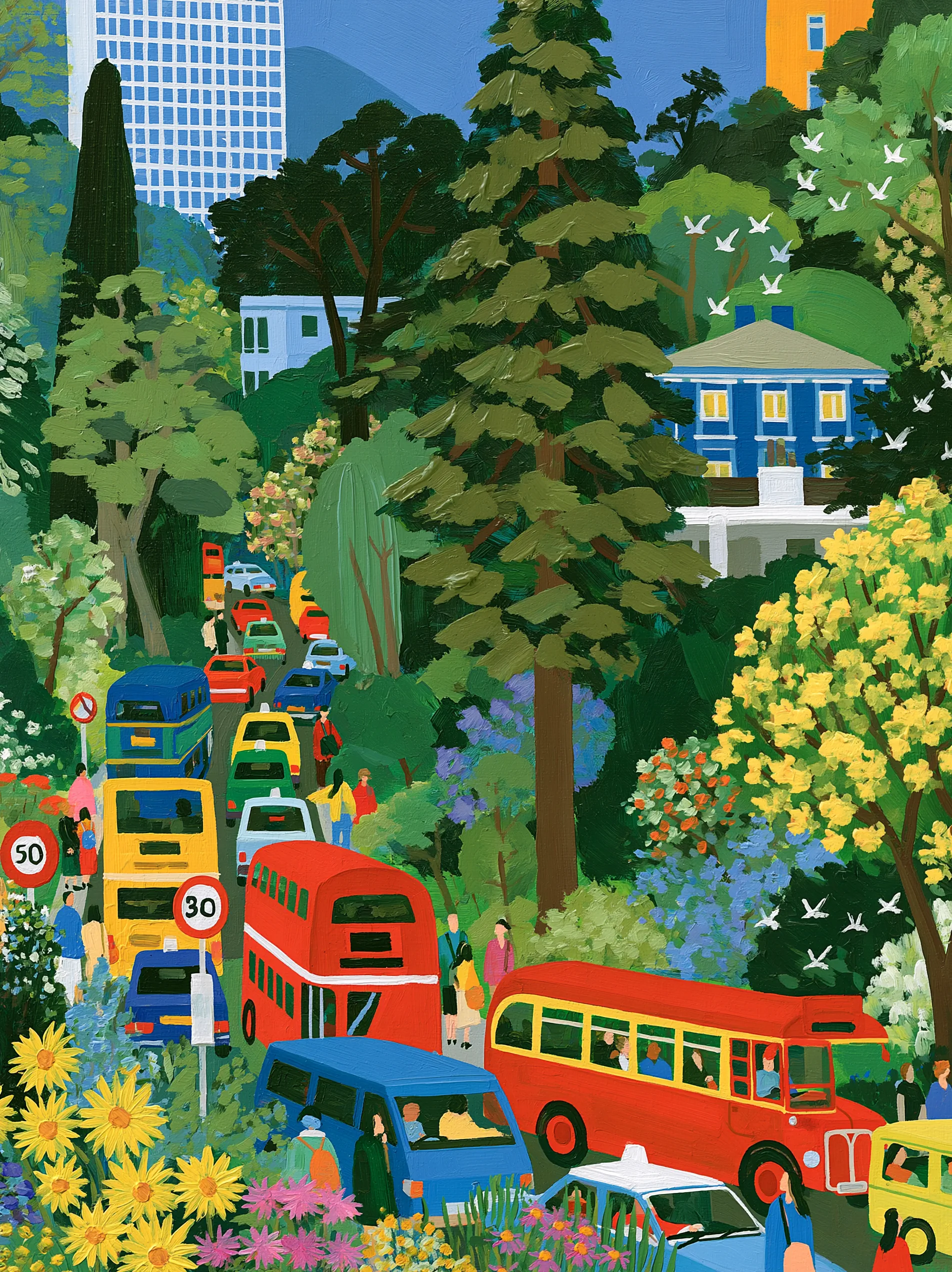 painting of european city landscape, trees, traffic, greenery, buses, people, birds