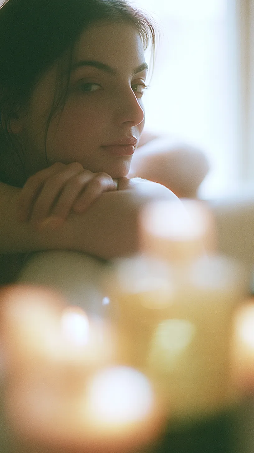 close-up cinematic portrait of a young woman resting her chin on folded arms beside a bathtub, soft contemplative expression, warm amber bathroom lighting, shallow depth of field, foreground translucent yellow bath oil bottle heavily out of focus, blurred product bottle occupying lower foreground, creamy bokeh, intimate spa atmosphere, soft skin tones, side profile, natural makeup, dark hair framing face, dreamy lens blur, film still, 85mm lens, f1.4, warm highlights, soft diffusion filter, realistic photography, editorial beauty campaign mood