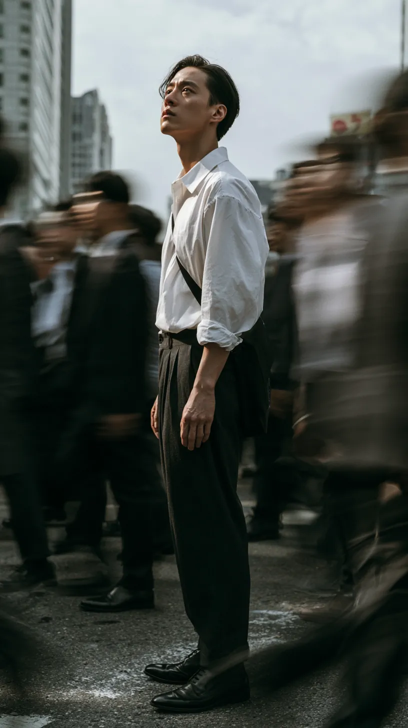 Cinematic street photography, strict profile side view of a Korean man in his 30s standing still at the center of a busy Seoul sidewalk. He wears a clean white dress shirt with rolled-up sleeves, dark tailored trousers, formal office shoes, and a black sling bag. He calmly looks up at the sky, hands relaxed by his side. Around him, dozens of Korean office workers in business suits rush past him, captured in strong motion blur, creating a contrast between chaos and stillness. The man remains in sharp focus. Background shows modern Seoul office buildings, slightly desaturated, with subtle warm sunlight hitting his face. Dramatic urban aesthetic, modern cinematic poster look.