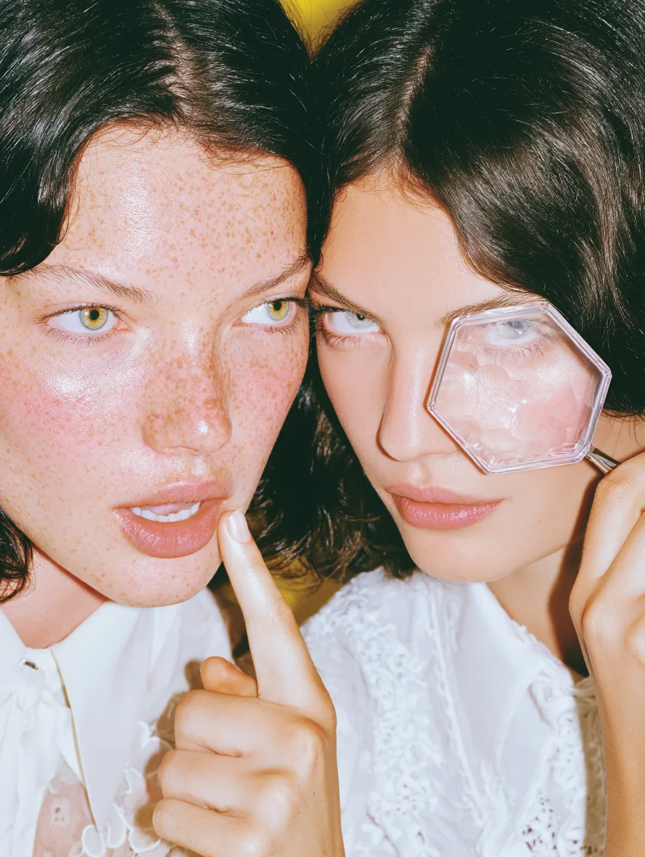 Skincare campaign of two women sharing secrets looking down on a top secret being revealed with one having expressive facial expression and the other holding a hexagon magnifying glasses. in strong moody lighting with sharp and clinical look and feel