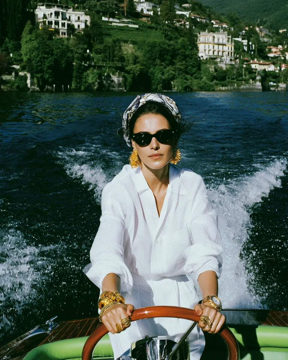 Medium long shot of sophisticated beautiful 25 year old Asian Eastern European woman standing confidently at helm of vintage wooden Riva speedboat on Lake Como Italy, both hands on polished mahogany steering wheel, body leaning slightly forward with energy, radiant focused expression, wearing white linen loose shirt, white summer pants, silk scarf with classic maritime print tied on head, black cat eye sunglasses, massive gold earrings, gold bracelets gold rings expensive gold watch, hair beginning to flutter, deep blue sparkling water rushing past at speed, white foam wake, green Italian hillside with elegant villas in background, clear blue sky, strong direct midday sunlight from front right creating sharp highlights on gold jewelry and mahogany wheel, photorealistic editorial fashion photography, cinematic hyperrealism, luxury marine lifestyle campaign, shot on Hasselblad H6D, 85mm lens, shallow depth of field, rich contrast white clothing against deep blue water