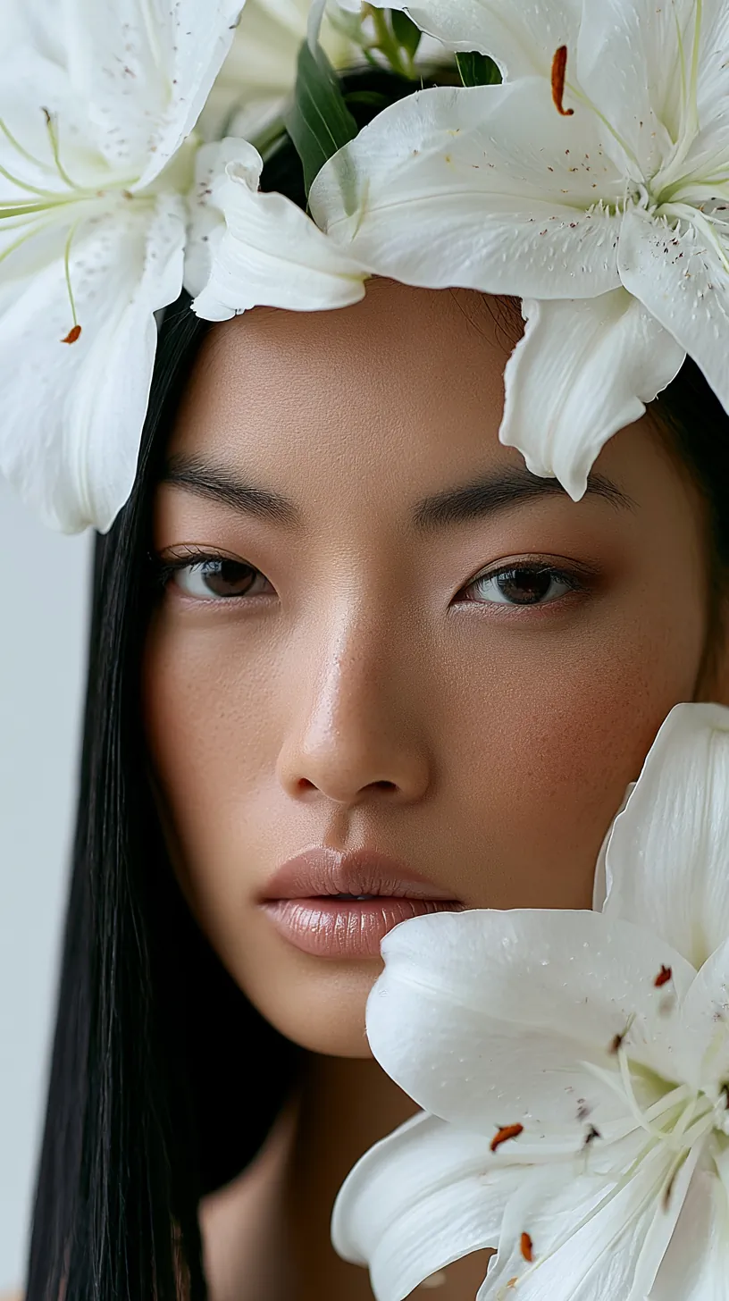 A realistic photograph of a beautiful woman looking slightly sideways , she has clear super smooth skin and dark straight hair, no freckles. Asian girl. There are three white lilies around her head ,,on white background