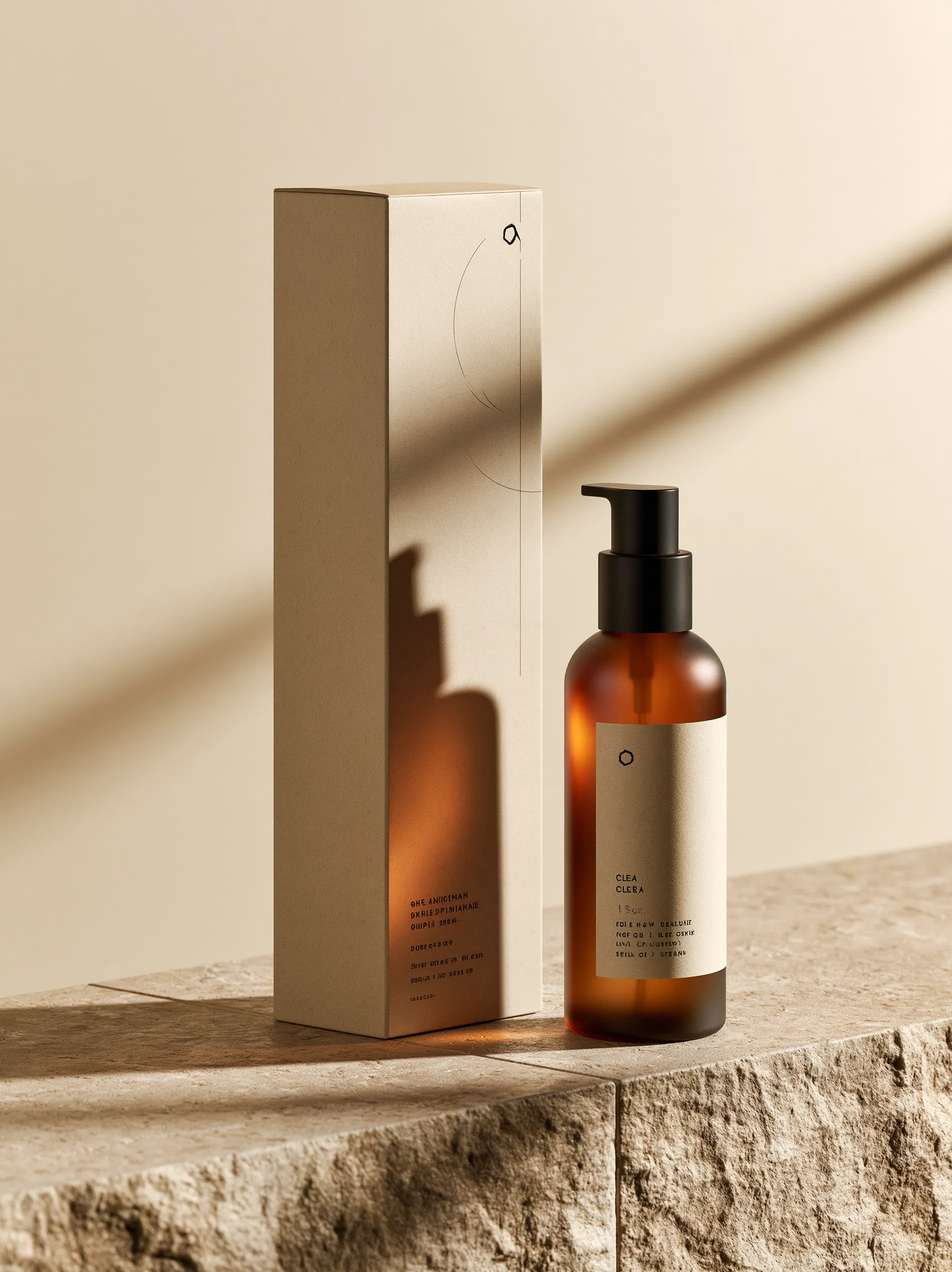 Minimal luxury skincare product photo, bright warm beige background, airy soft studio lighting, high exposure, premium cosmetic packaging standing upright on neutral stone surface, elegant amber glass spray bottle with matte black pump beside tall minimalist box packaging, clean typography, Scandinavian aesthetic, creamy sand and light taupe tones, subtle soft shadows, luxury wellness branding, editorial beauty campaign, ultra realistic, natural daylight feel, calm premium mood, soft highlights, photorealistic, minimal modern packaging design, expensive clean skincare advertisement, muted earthy palette, bright luxury ecommerce style, shot on medium format camera, shallow depth of field, aesthetic Pinterest beauty brand look