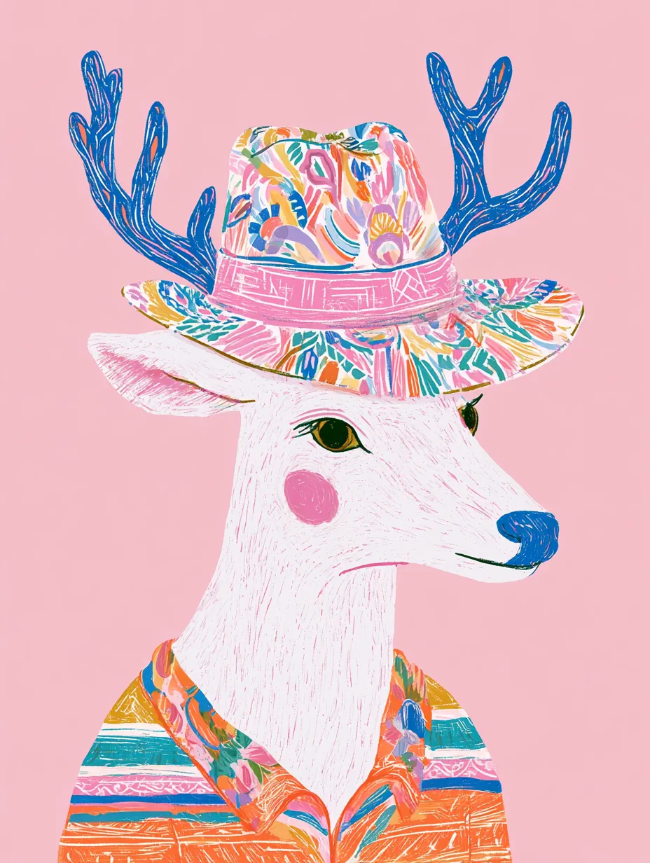 white cute stag , . It is wearing a fedora hat. The entire surface of the hat is covered in a beautiful, intricately traditional Dancheong pattern