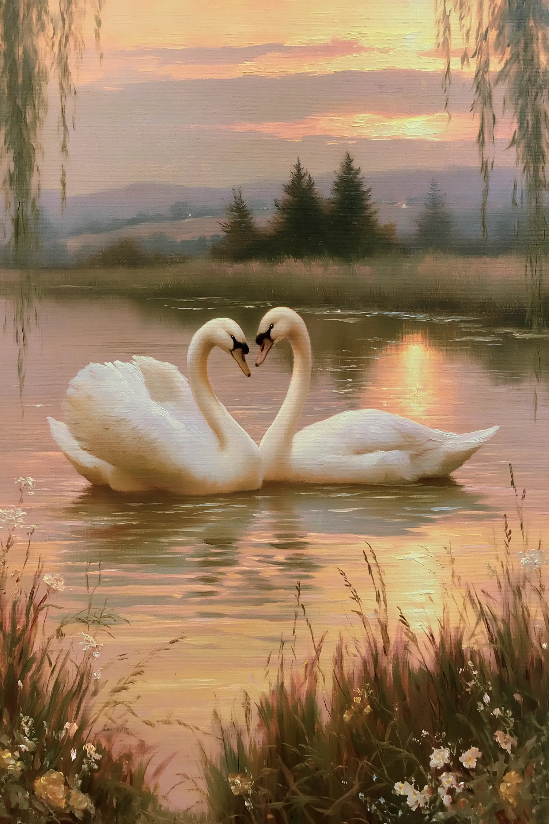 a vintage oil painting depicts two elegant white swans floating closely together on a calm reflective lake, their necks gently curved into a subtle heart shape. in the foreground, soft ripples spread across the glowing water around them, catching warm sunset reflections in pale peach, gold, and soft pink tones. lush wild grasses and delicate white and yellow flowers frame the lower edges of the scene, while tall willow branches hang softly from the upper corners. in the background, a tranquil lakeside meadow fades into distant rolling hills and dark pine trees beneath a muted pastel sunset sky with delicate layered clouds. the atmosphere feels dreamy, romantic, and nostalgic with soft painterly textures and gentle evening light.