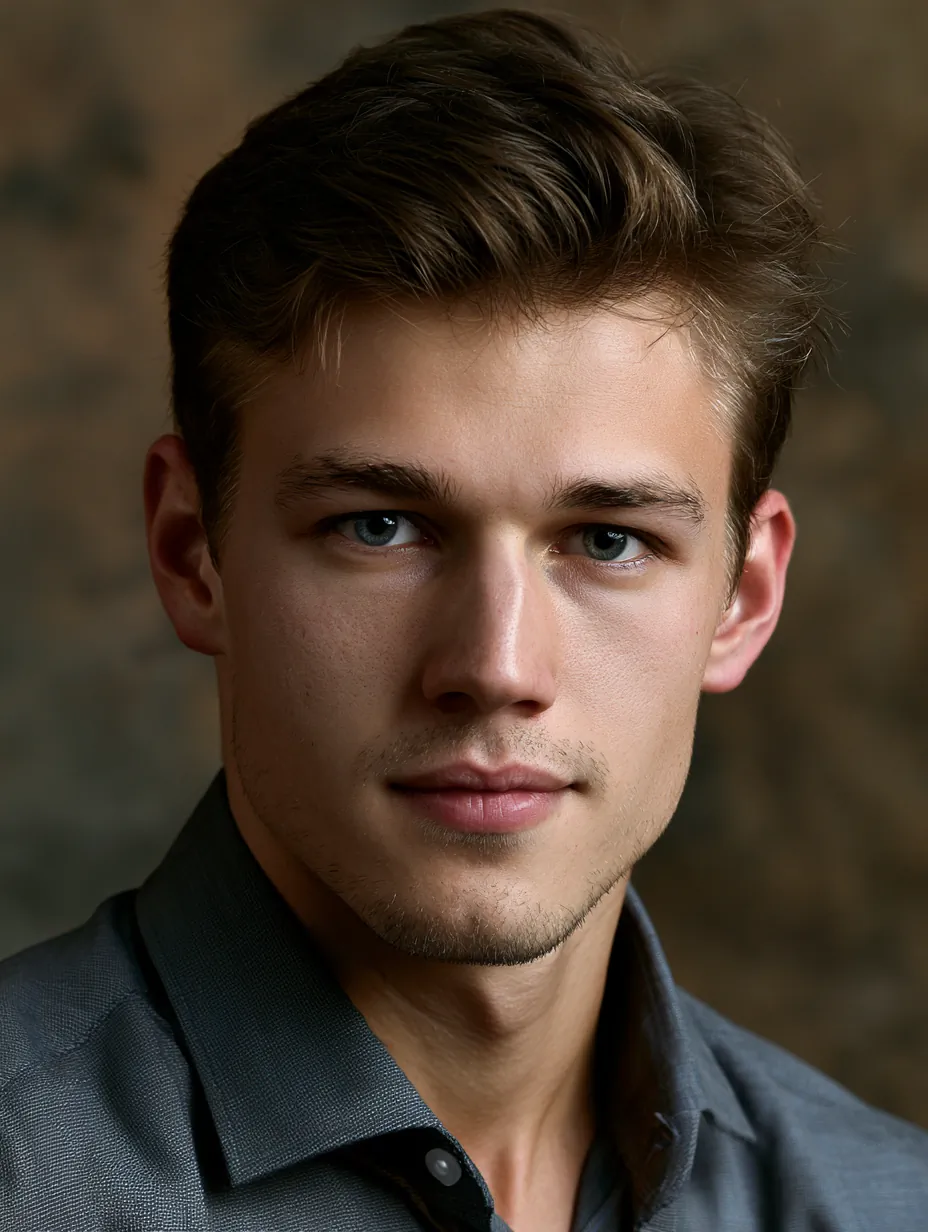 high-fidelity photograph of a human male, 23 years old. His build is tall, lean and slightly lanky. Hair is dark brown, short, neatly combed. Eyes are piercing gray-blue. His skin is pale from not getting a lot of sun and there are faint dark circles under his eyes suggesting too much time spent studying. He wears a button-down shirt and dark trousers. nuanced, resonant. warm studio lighting.