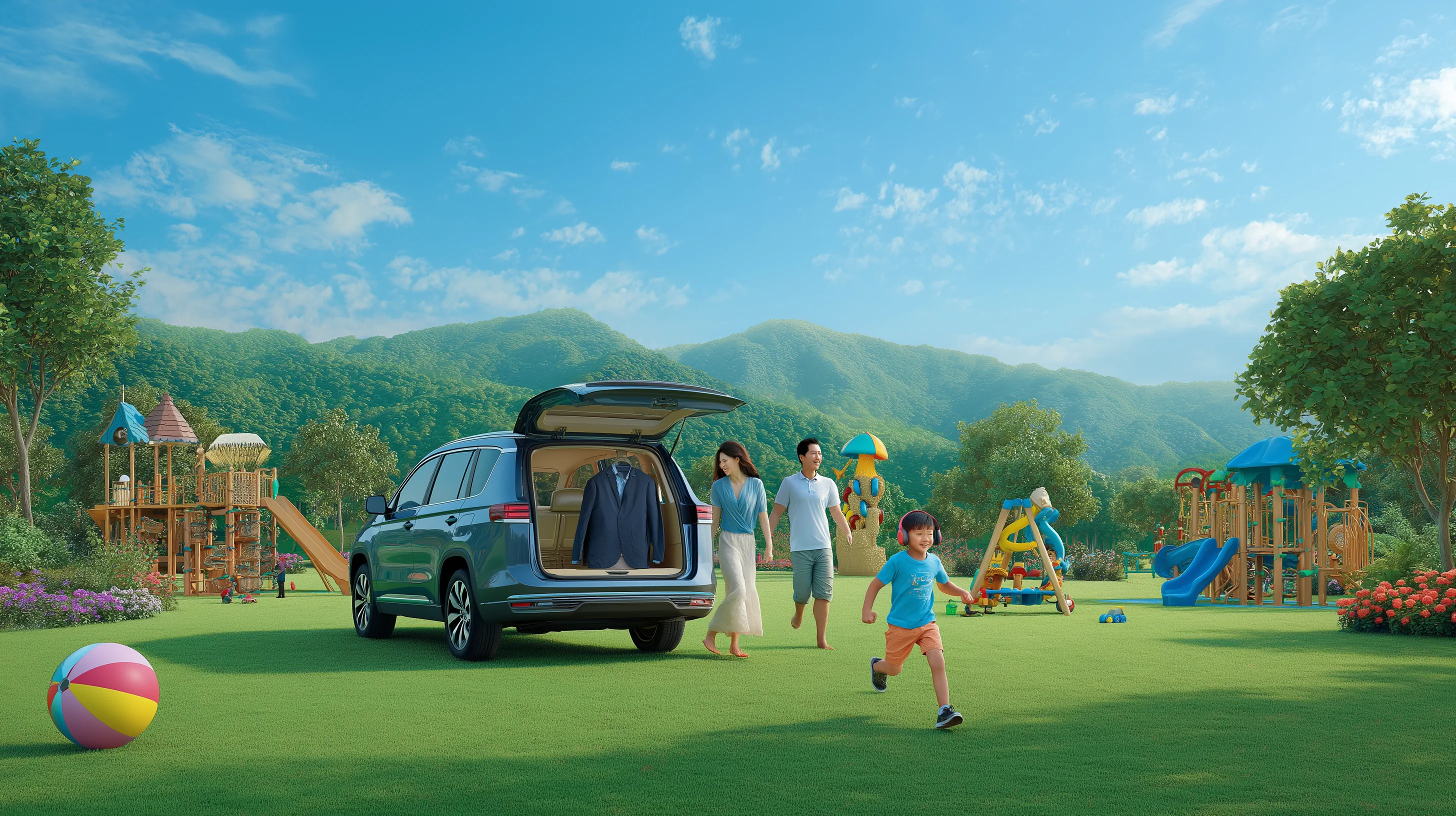 A joyful family scene on a sunny day, with a Wuling Alvez SUV parked on a lush green lawn. The father is hanging a suit jacket in the open tailgate, while the mother, smiling warmly, holds a colorful beach ball. Their energetic son, wearing headphones, runs across the grass with toys in hand. In the background, a vibrant playground with slides and climbing structures sits against the backdrop of rolling green hills and a bright blue sky. style hyper realistic, lighting soft